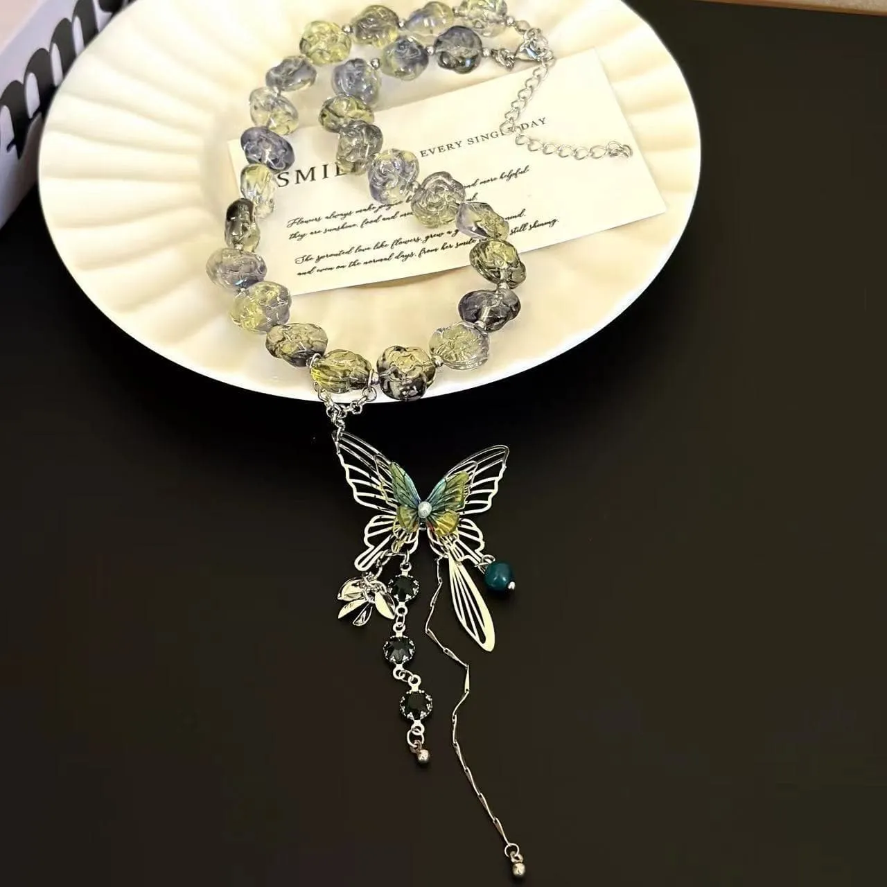 Butterfly pendant beaded crystal necklace