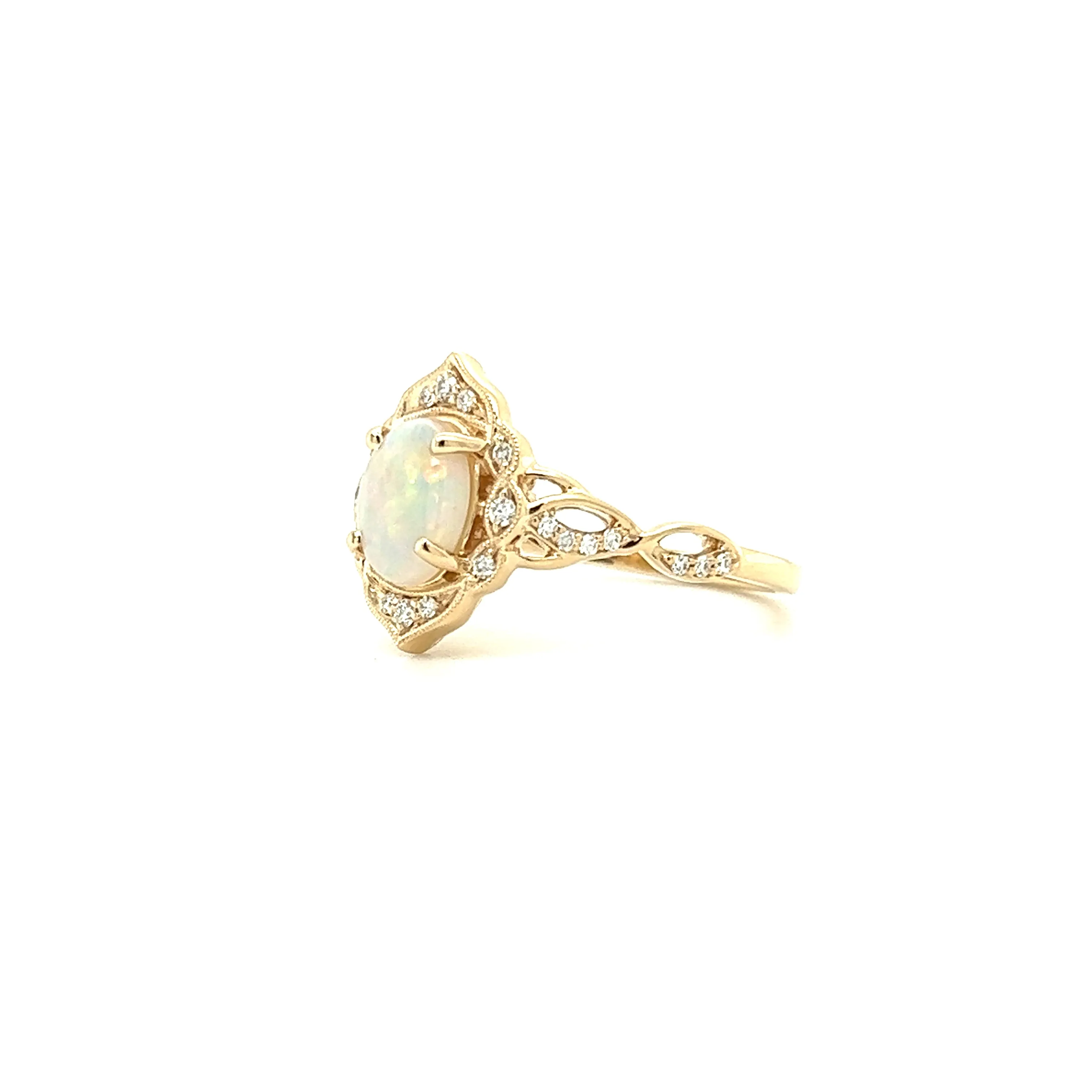 Cabochon White Opal Ring with 0.125ctw of Diamonds in 14K Yellow Gold