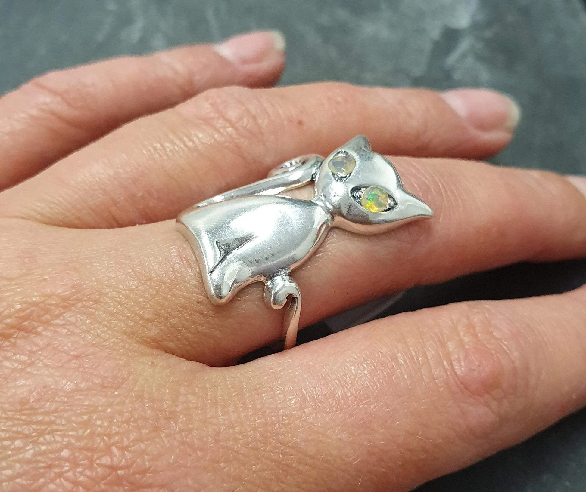 Cat Opal Ring - Natural Opal Ring - Silver Cat Ring