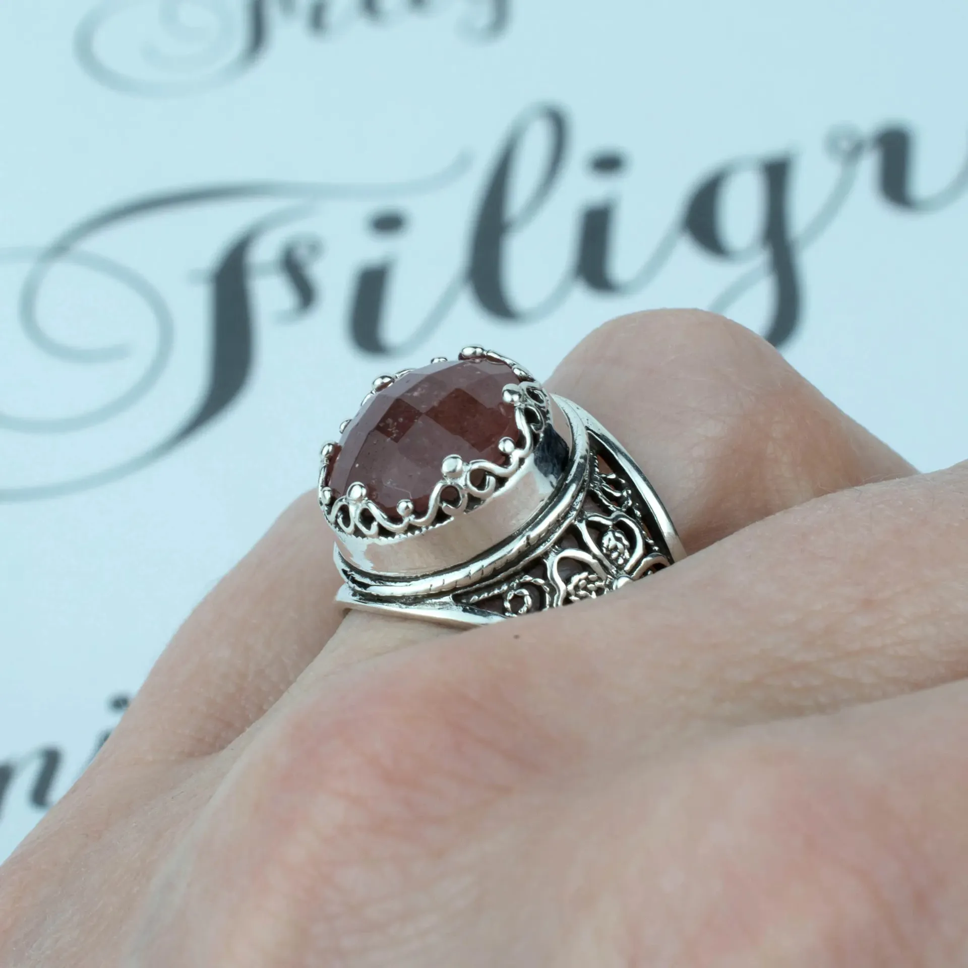 Cherry Quartz Crown Ring - Silver Filigree Statement for Love, Valentine's Jewelry, Wedding Accessory, Handcrafted Design