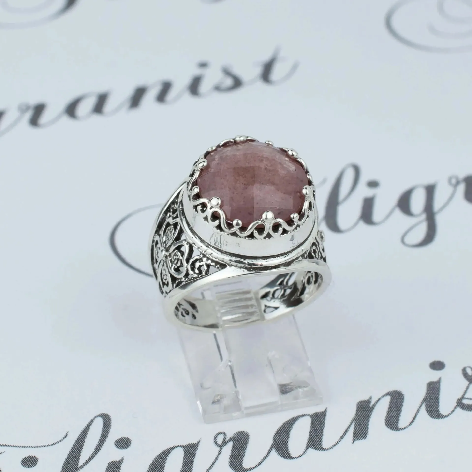 Cherry Quartz Crown Ring - Silver Filigree Statement for Love, Valentine's Jewelry, Wedding Accessory, Handcrafted Design