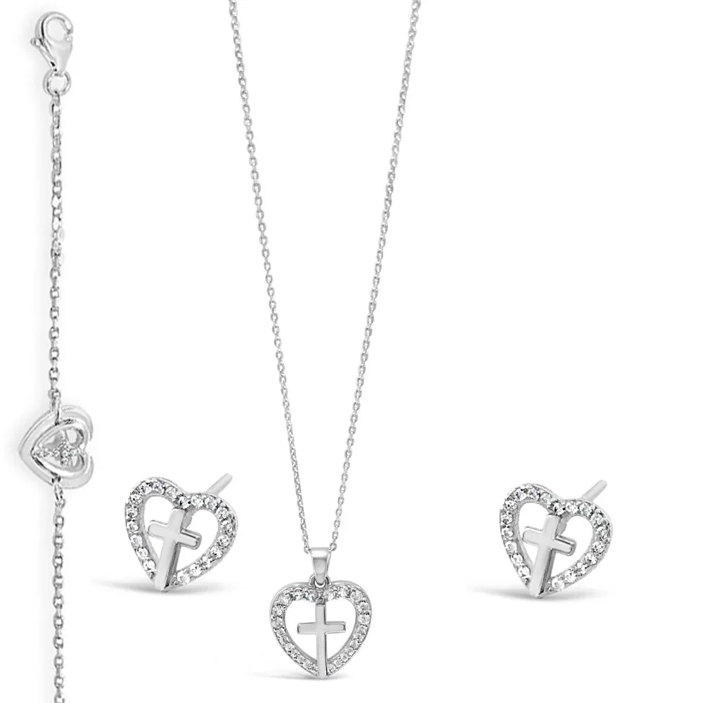 Children's Charm Heart Cross Pendant & Bracelet & Earrings Sterling Silver Set