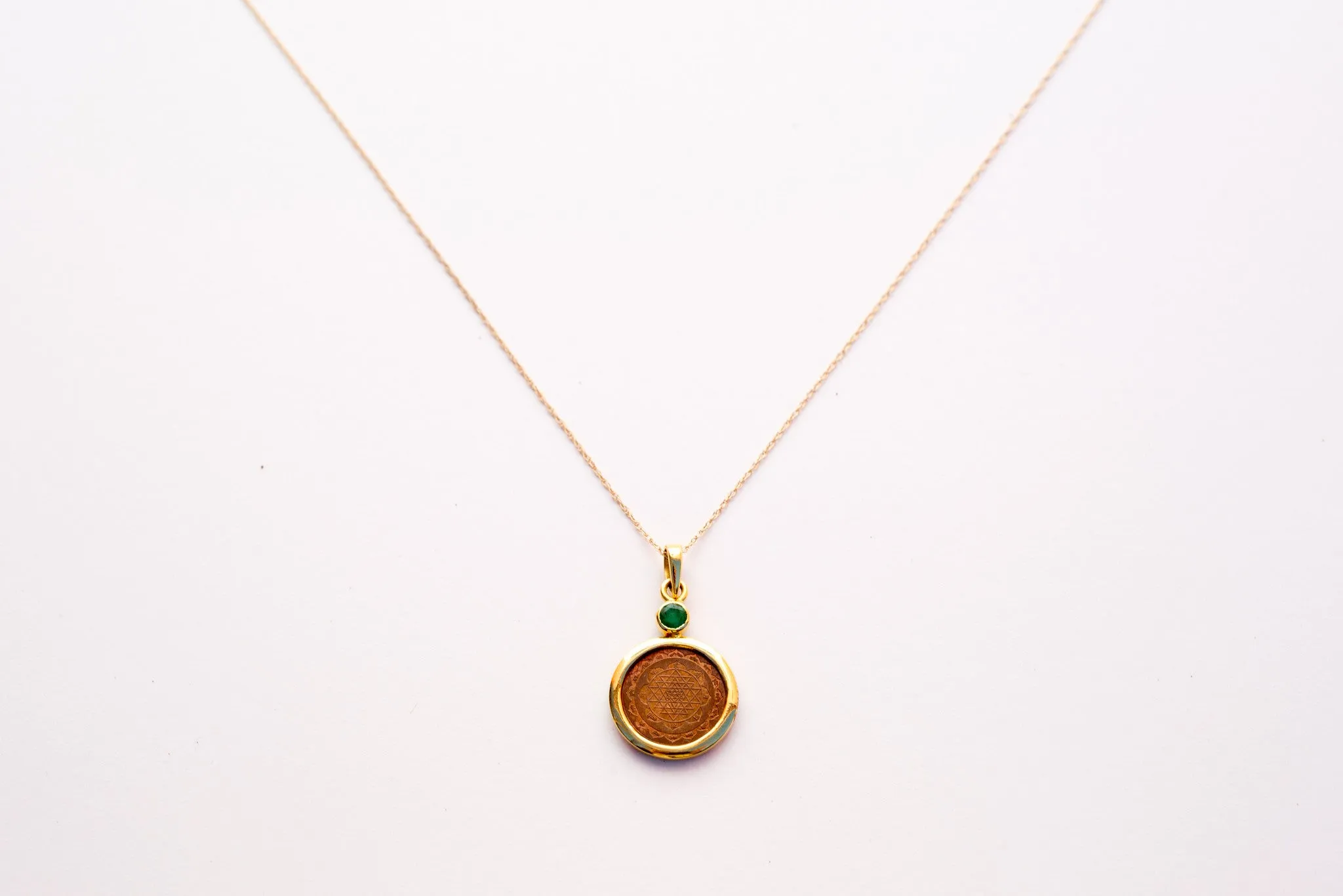 Copper with 14kt Gold Emerald Mount Sri Yantra 18" Pendant Necklace