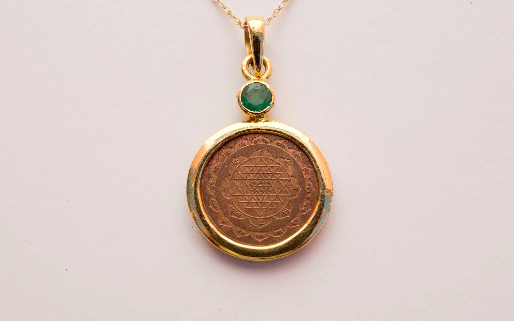 Copper with 14kt Gold Emerald Mount Sri Yantra 18" Pendant Necklace