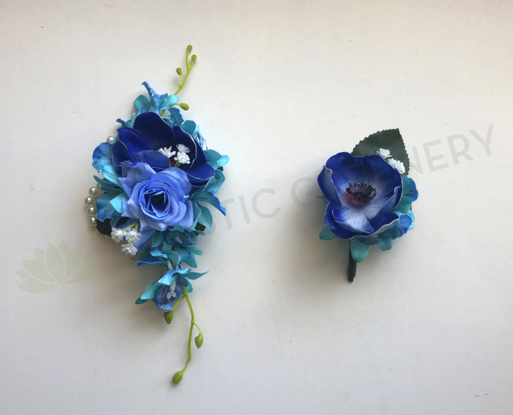 Corsage & Buttonhole - Blue / Turquoise Orchid & Anemone - CB0004 - $58/set