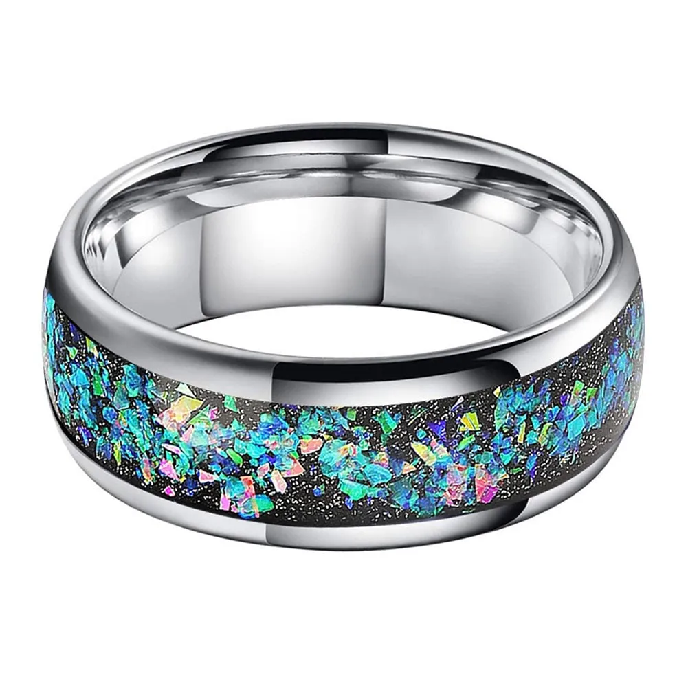 Crushed Opal & Silver Tungsten ring (8mm)