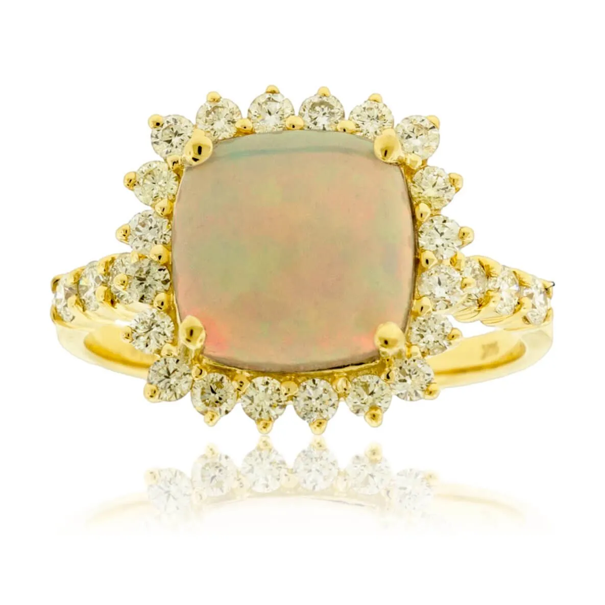 Cushion Cabochon Opal Ring with Classic Diamond Halo