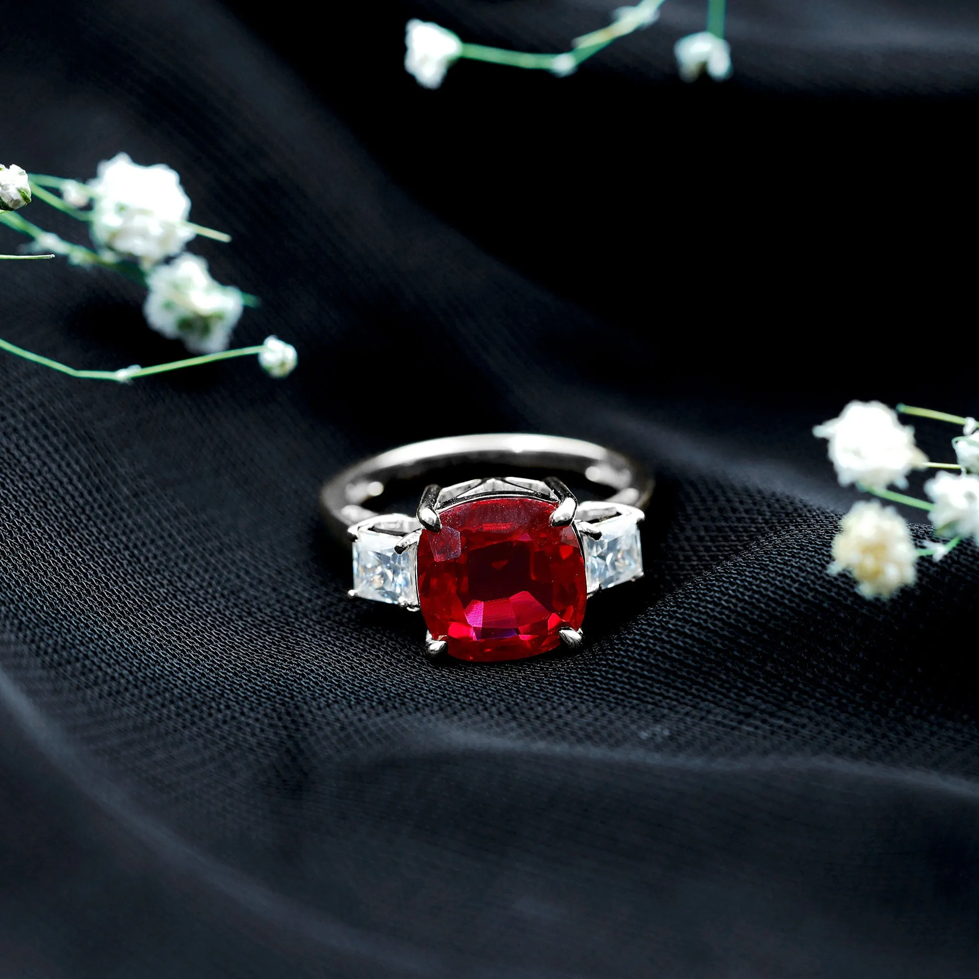 Cushion Created Ruby Solitaire Engagement Ring with Princess Cut Moissanite