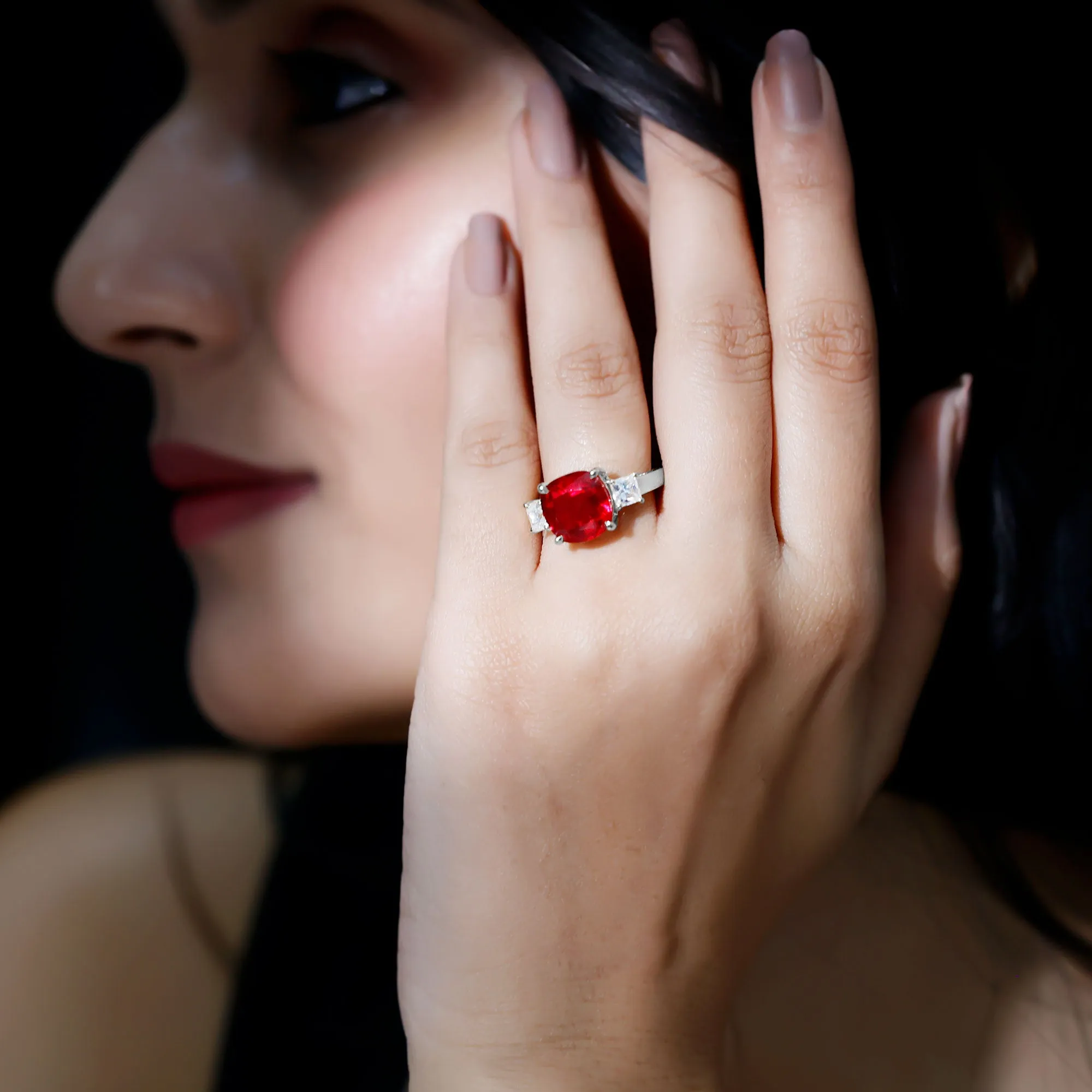 Cushion Created Ruby Solitaire Engagement Ring with Princess Cut Moissanite