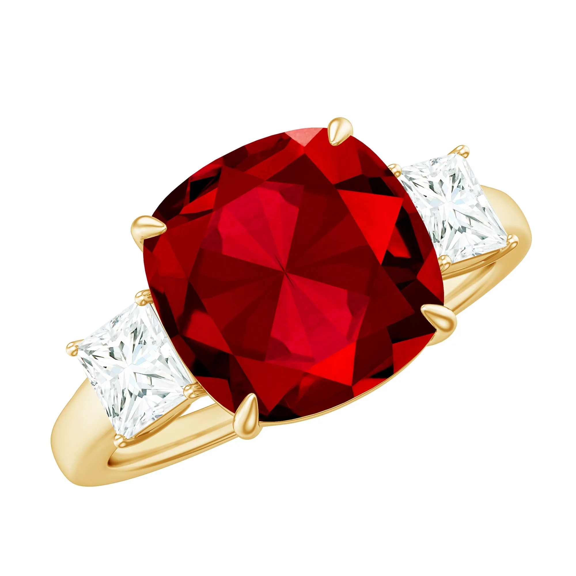 Cushion Created Ruby Solitaire Engagement Ring with Princess Cut Moissanite