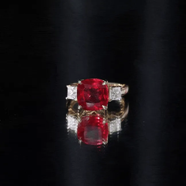 Cushion Created Ruby Solitaire Engagement Ring with Princess Cut Moissanite