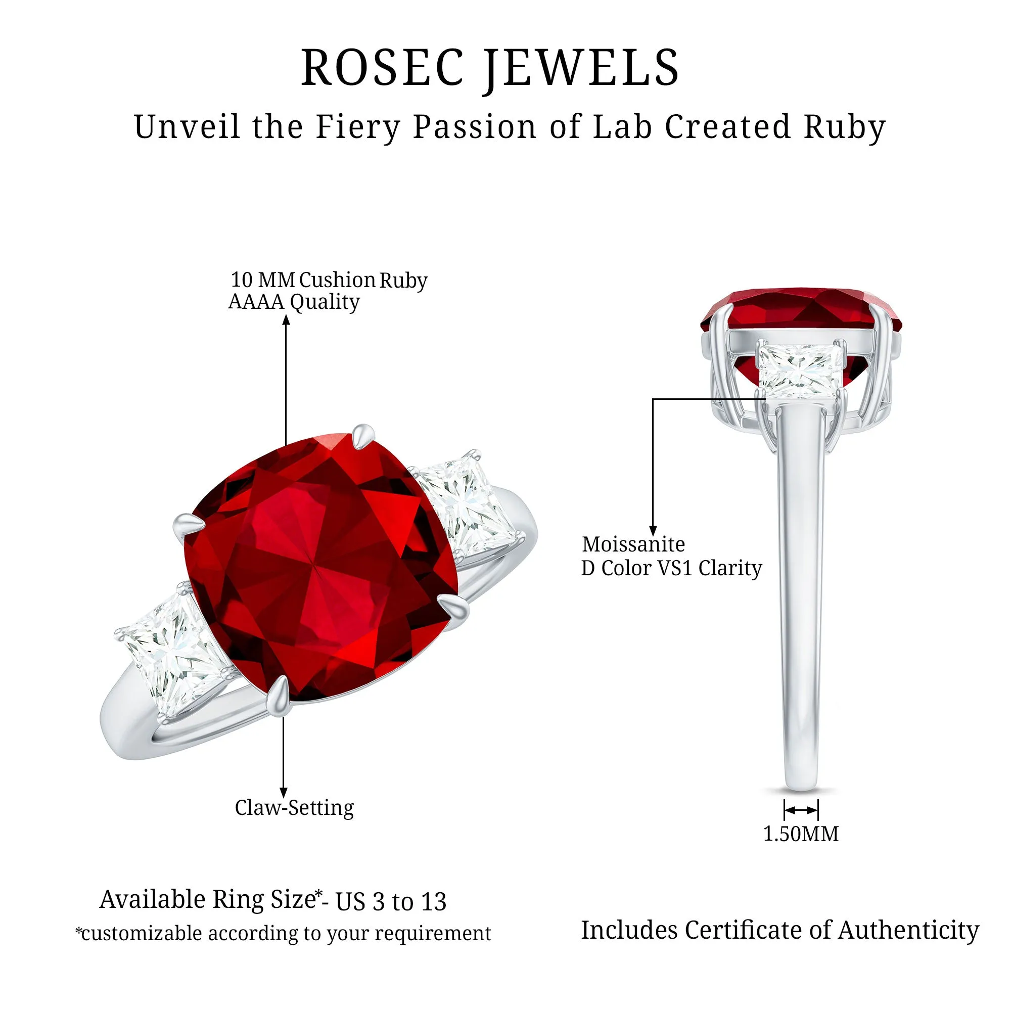 Cushion Created Ruby Solitaire Engagement Ring with Princess Cut Moissanite