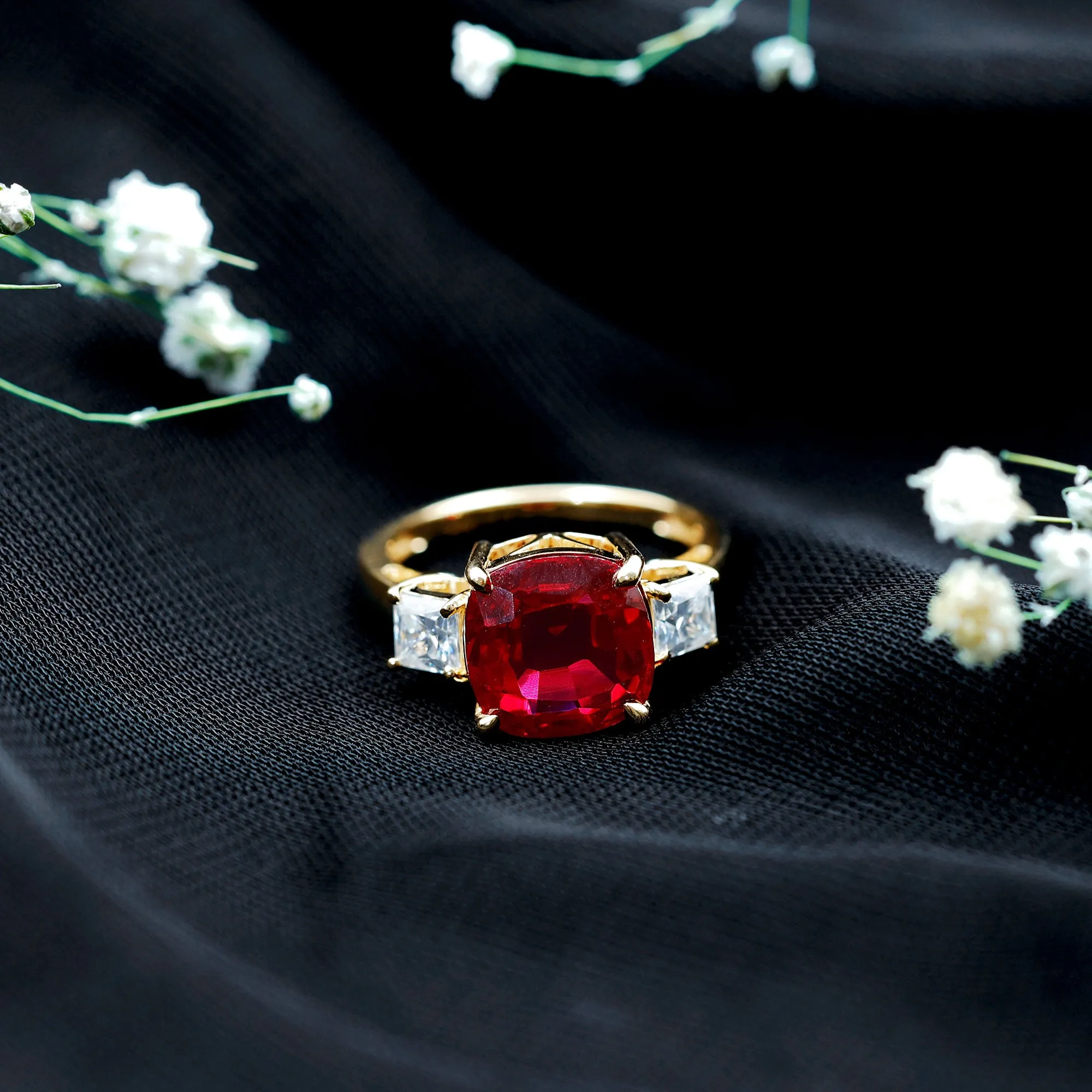 Cushion Created Ruby Solitaire Engagement Ring with Princess Cut Moissanite