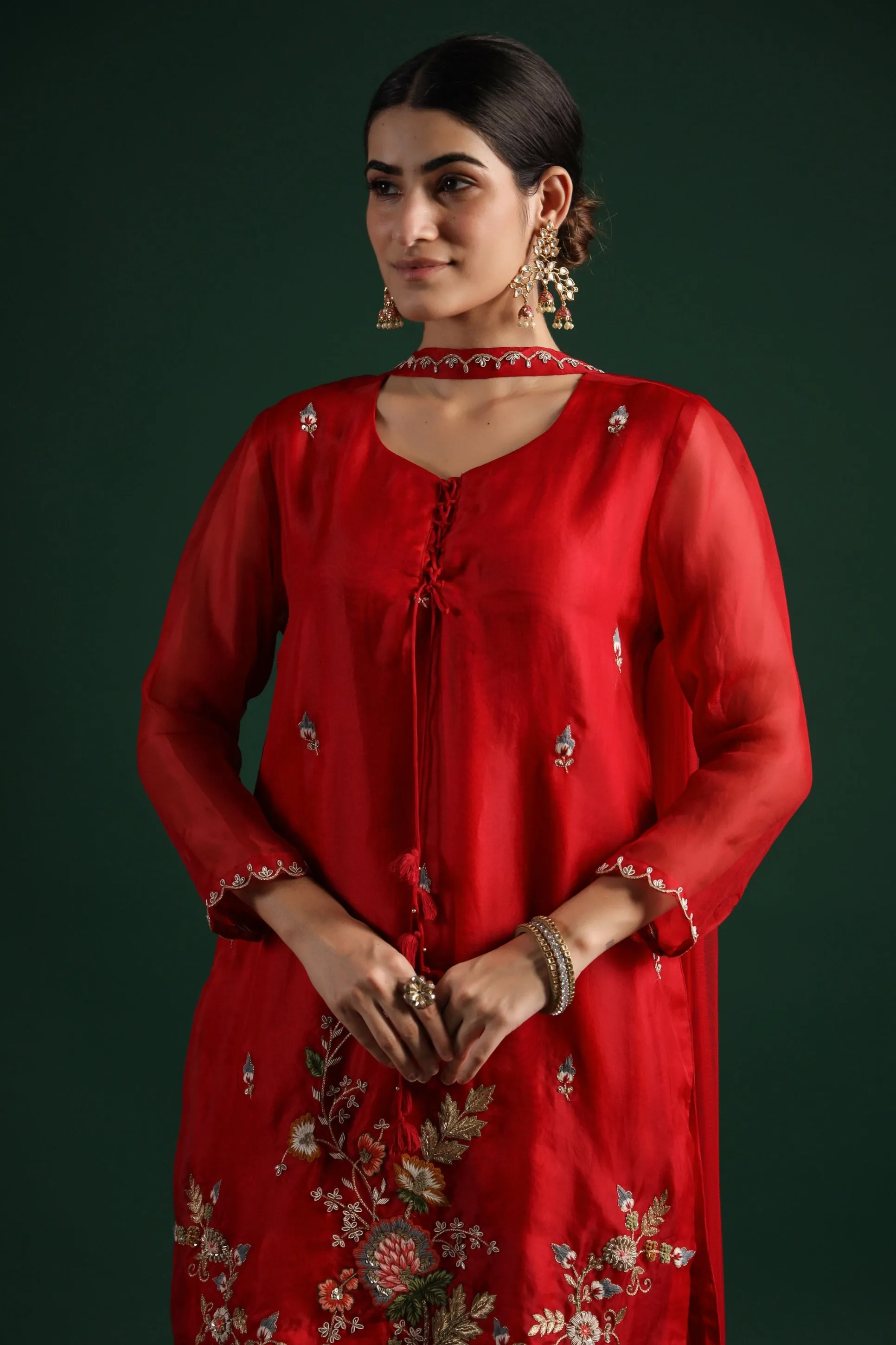 Deep Red Embellished Premium Silk Sharara Set