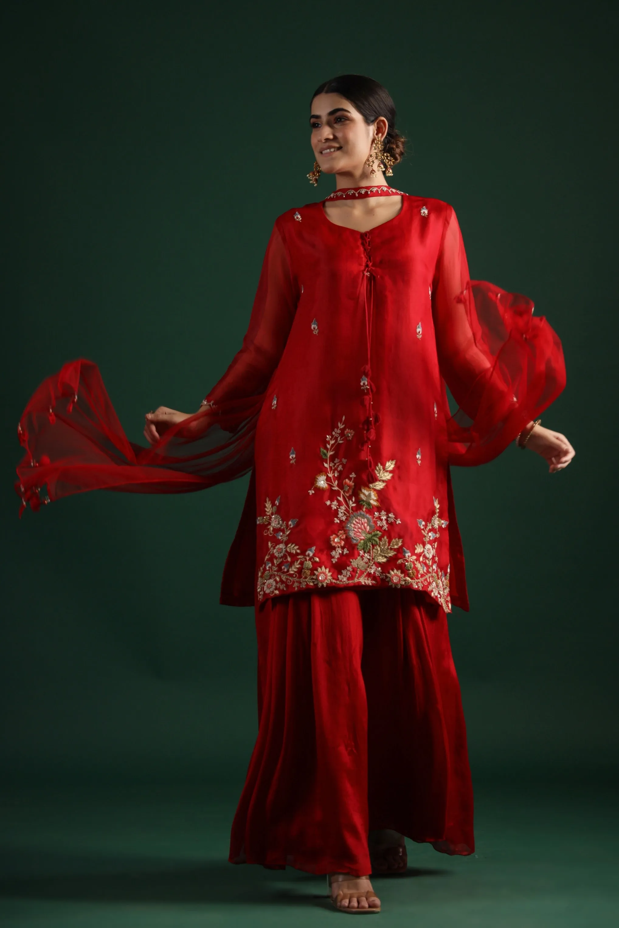 Deep Red Embellished Premium Silk Sharara Set