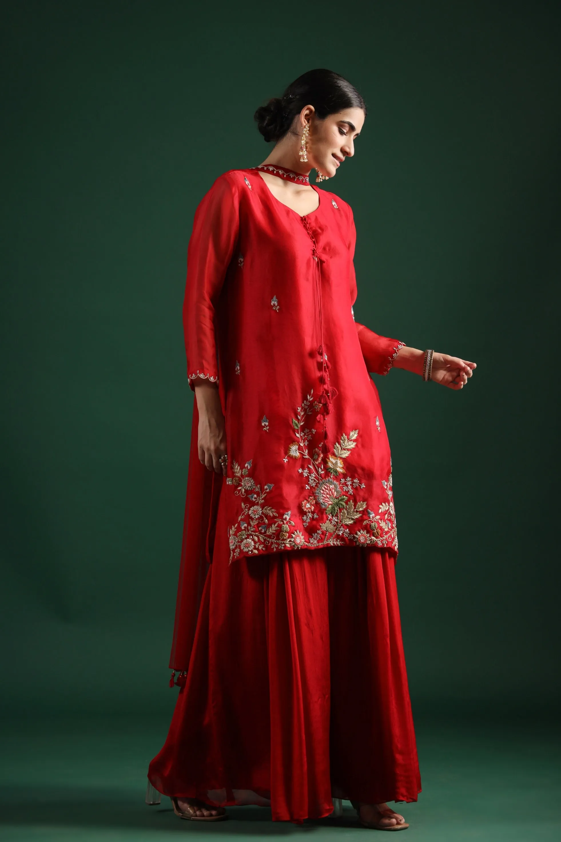 Deep Red Embellished Premium Silk Sharara Set