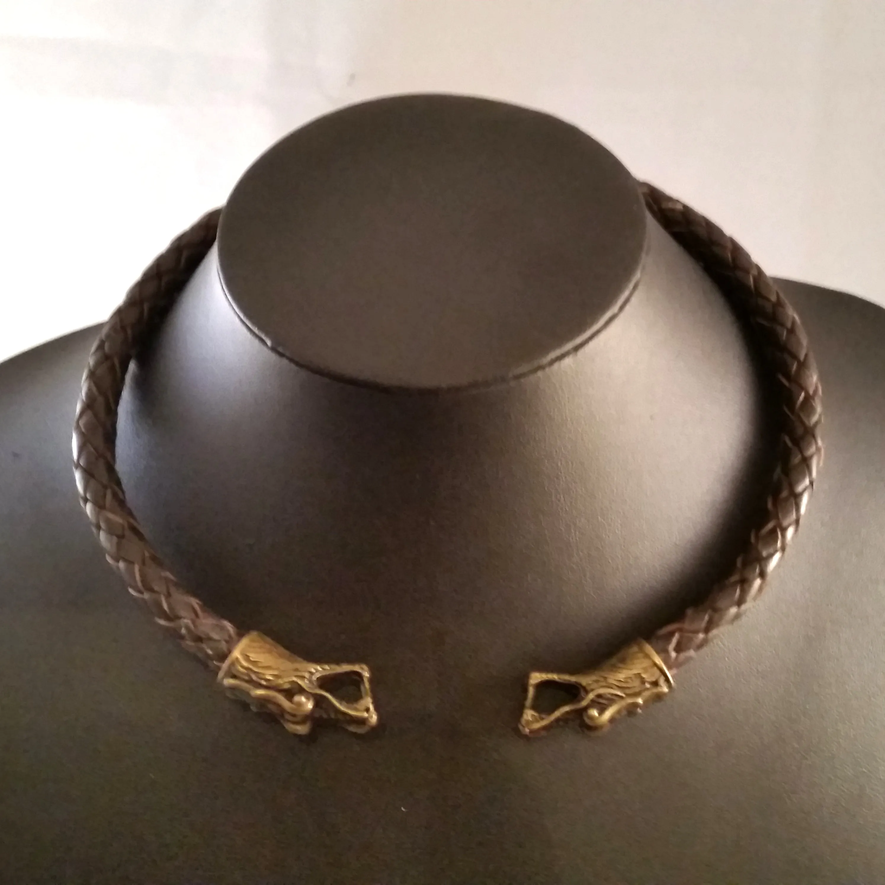 Dragon Torc Necklace Bronze Brown Leather Viking Style