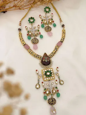 Ethnic Style Kundan Gold Plated Meenakari Chokar Necklace Set