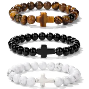 Fashion Jesus Cross Natural Stone Bracelet 8mm Round Tiger Eye Turquoises Agates Beads Charm Bracelets Women Men Jewelry Gift