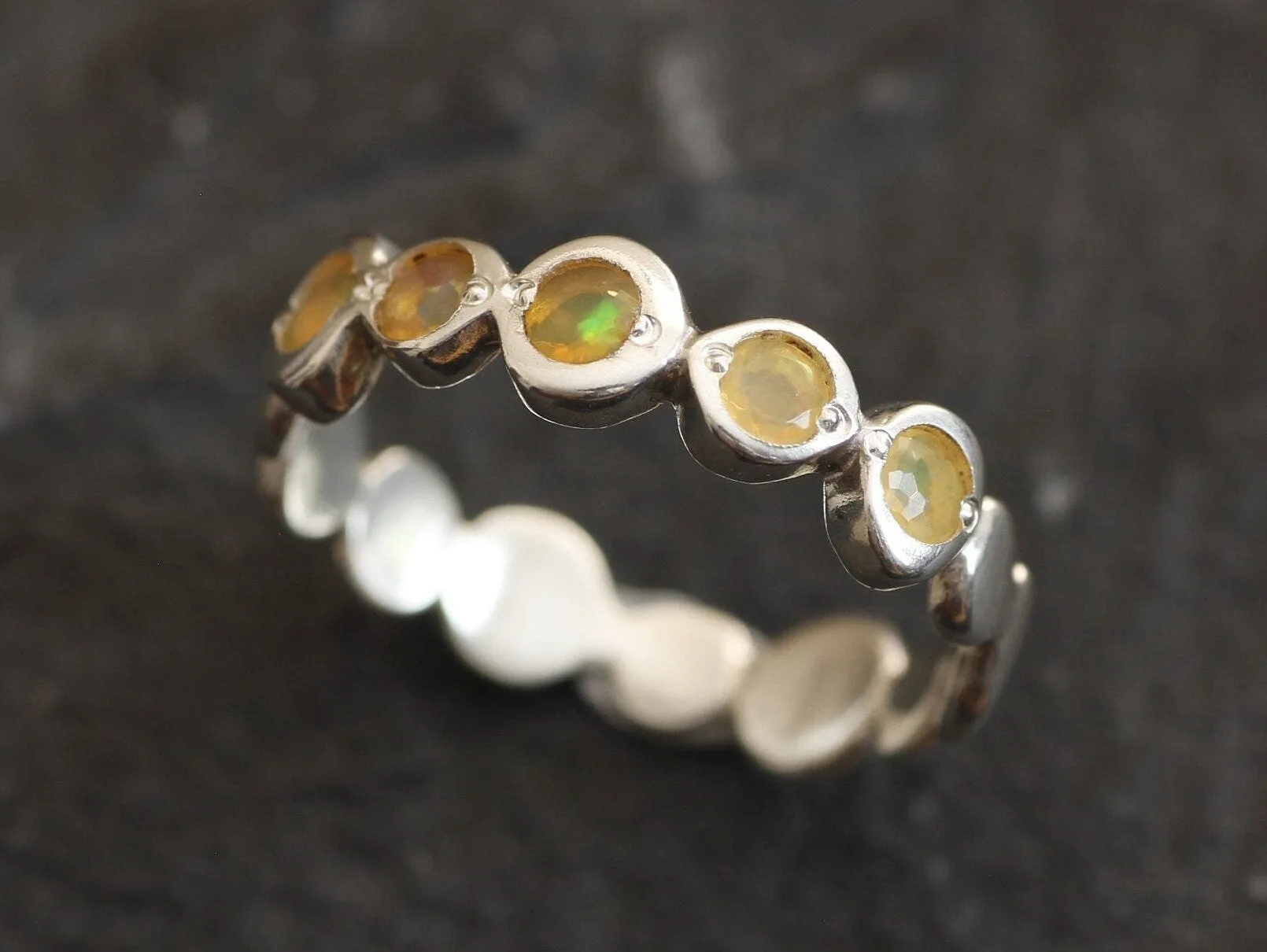 Fire Opal Band - Natural Ethiopian Opal, White Bubble Band