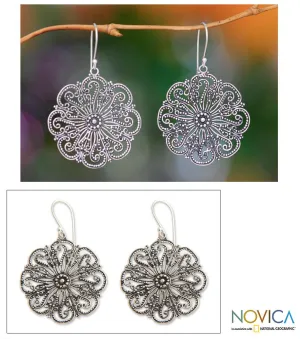 Floral Sterling Silver Dangle Earrings - Gardenia Halo | NOVICA