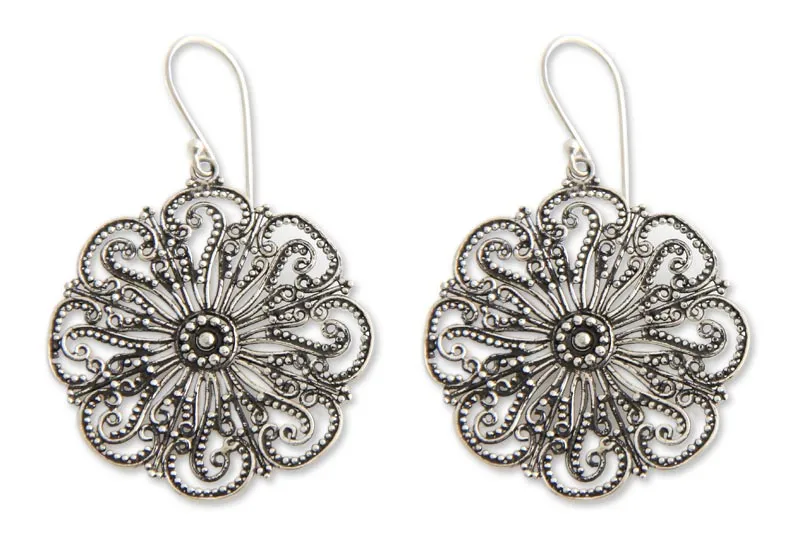 Floral Sterling Silver Dangle Earrings - Gardenia Halo | NOVICA