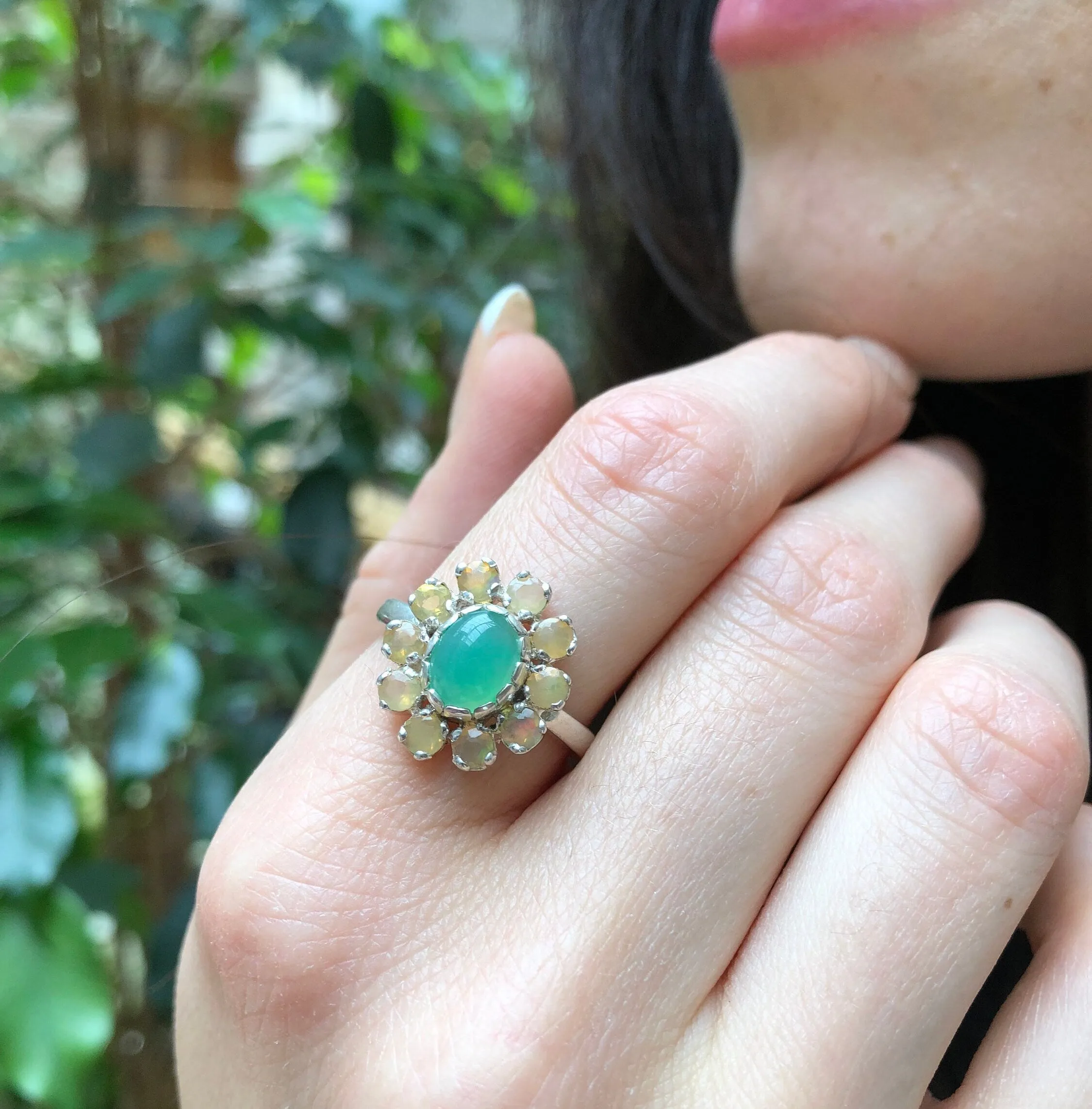 Genuine Chrysoprase Ring - Fire Opal Halo Ring - Green Flower Ring