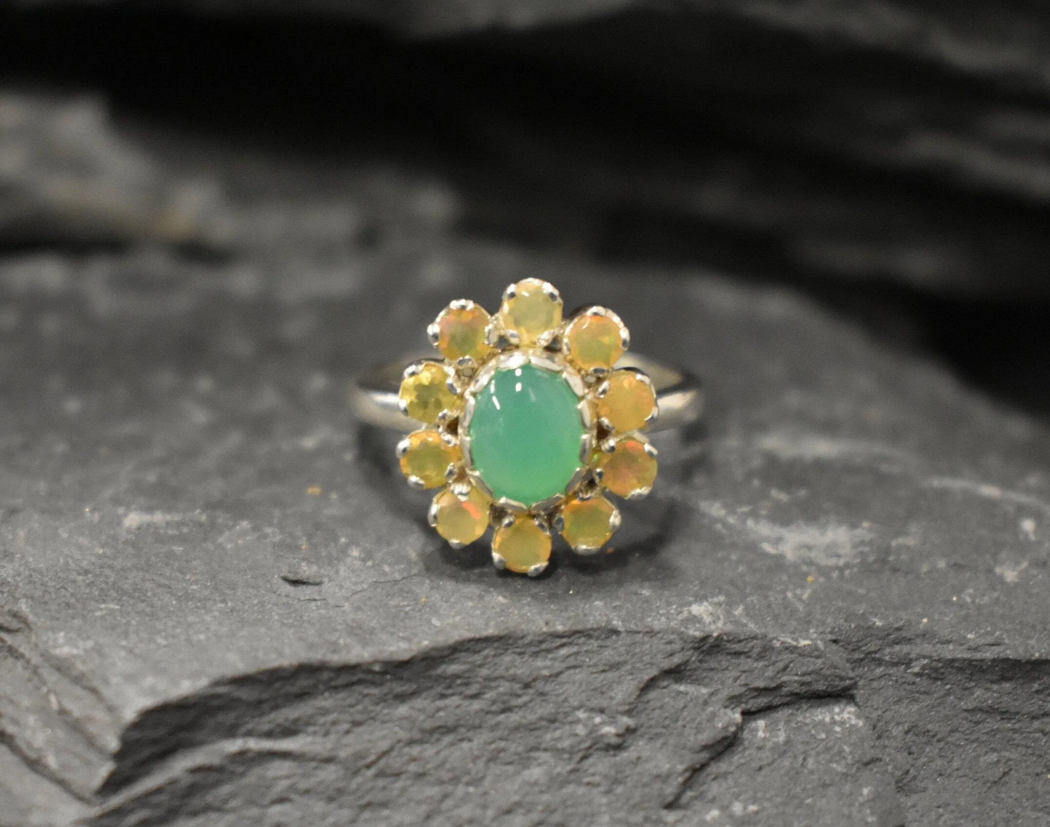 Genuine Chrysoprase Ring - Fire Opal Halo Ring - Green Flower Ring