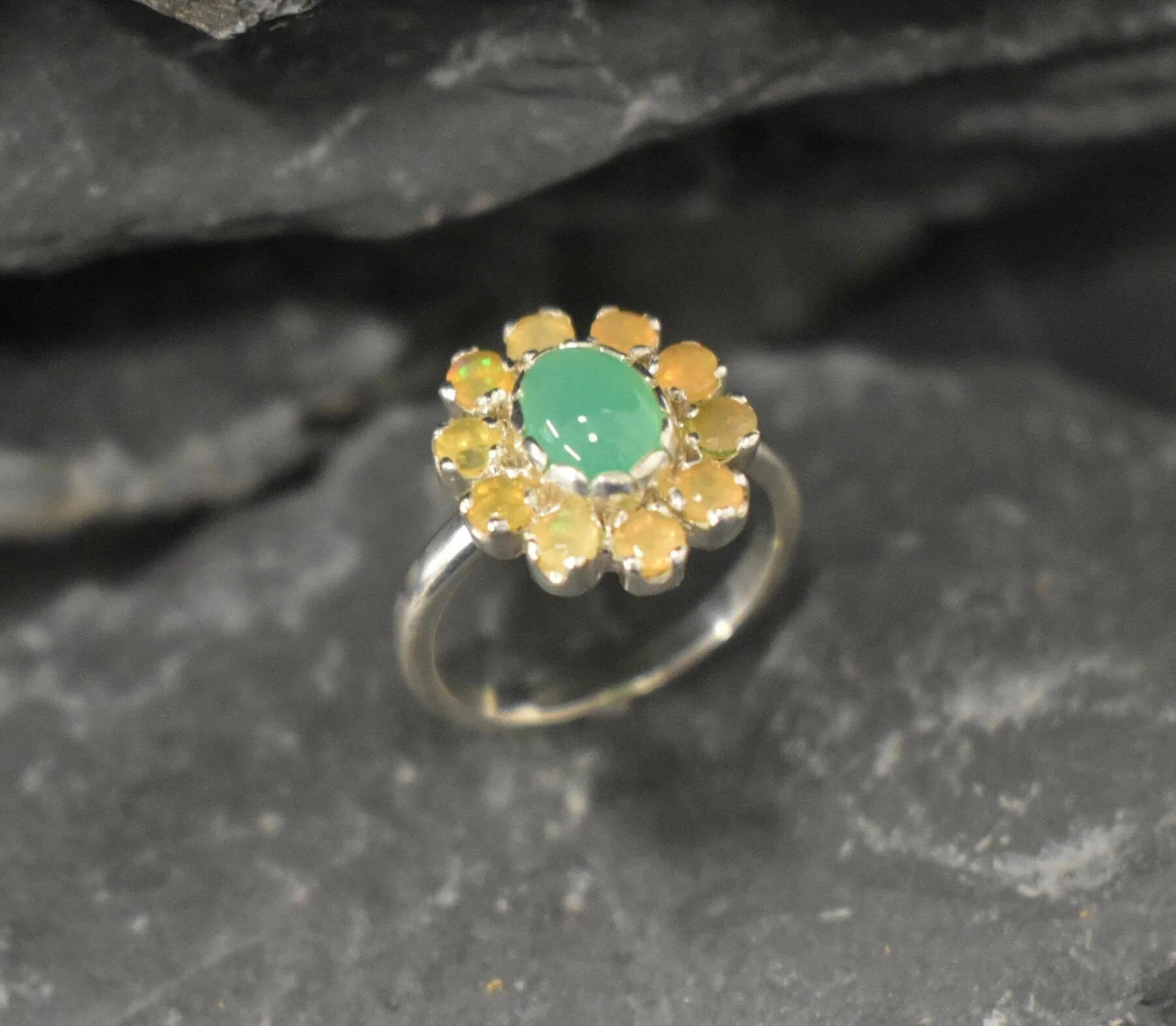 Genuine Chrysoprase Ring - Fire Opal Halo Ring - Green Flower Ring