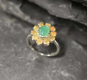 Genuine Chrysoprase Ring - Fire Opal Halo Ring - Green Flower Ring