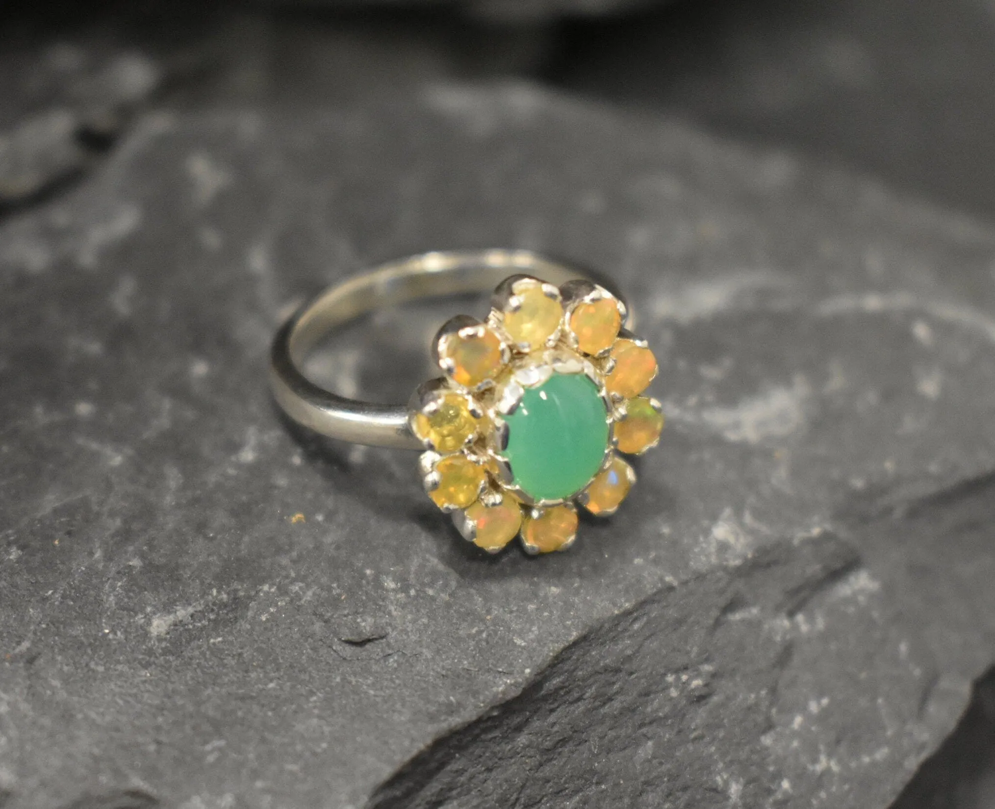 Genuine Chrysoprase Ring - Fire Opal Halo Ring - Green Flower Ring