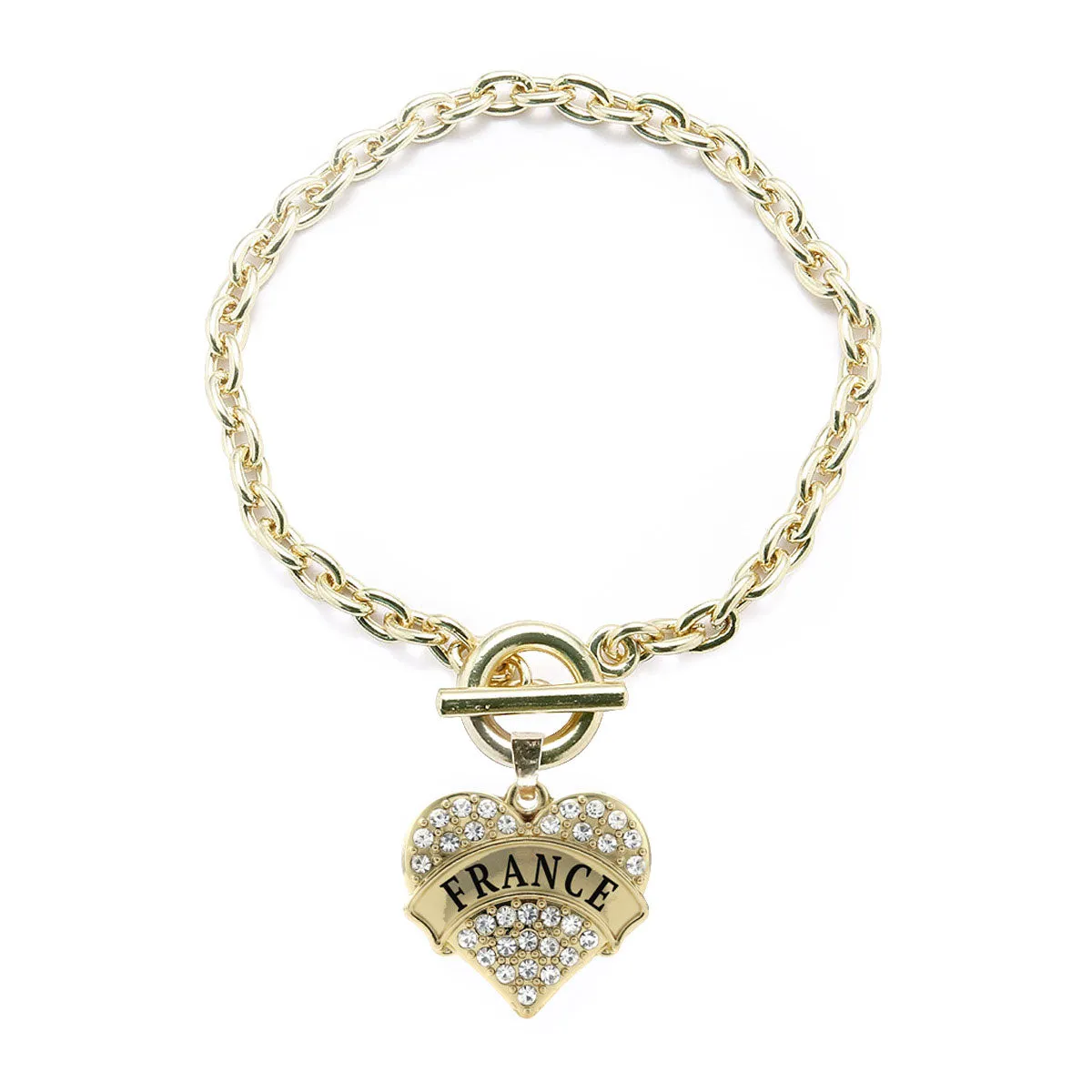 Gold France Pave Heart Charm Toggle Bracelet