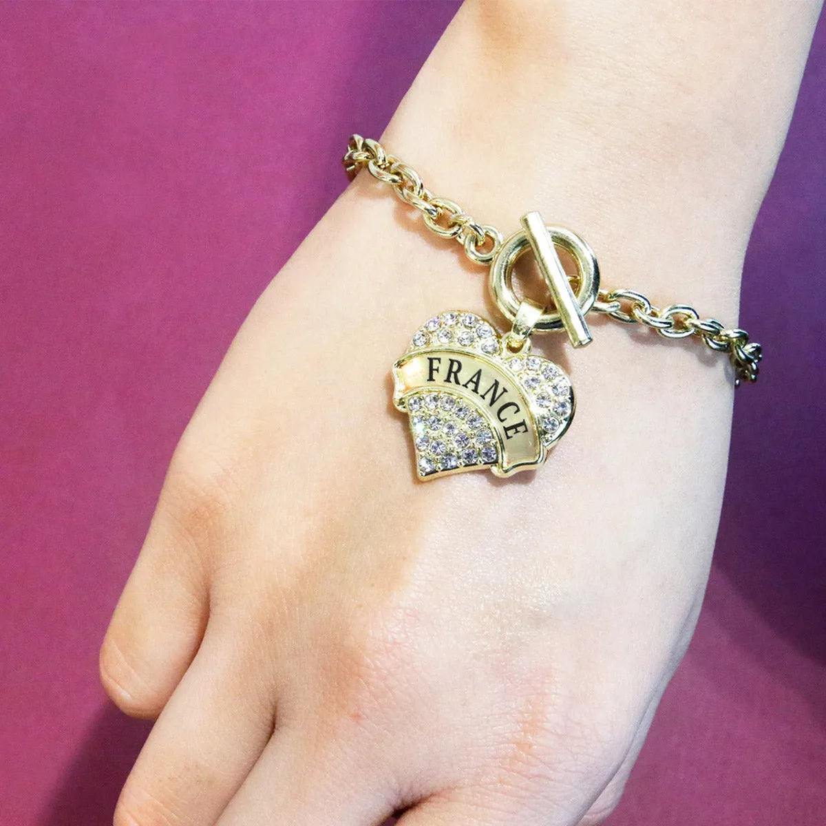 Gold France Pave Heart Charm Toggle Bracelet