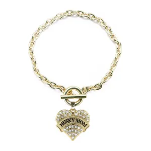 Gold Husky Mom Pave Heart Charm Toggle Bracelet