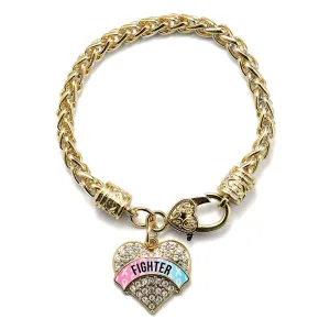 Gold Light Blue & Light Pink Ribbon Fighter Pave Heart Charm Braided Bracelet