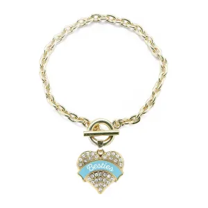 Gold Light Blue Besties Pave Heart Charm Toggle Bracelet