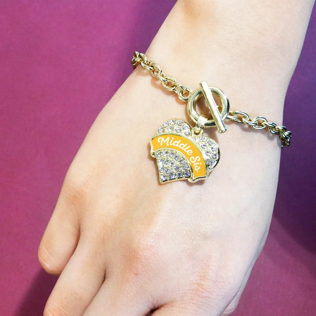 Gold Marigold Middle Sister Pave Heart Charm Toggle Bracelet