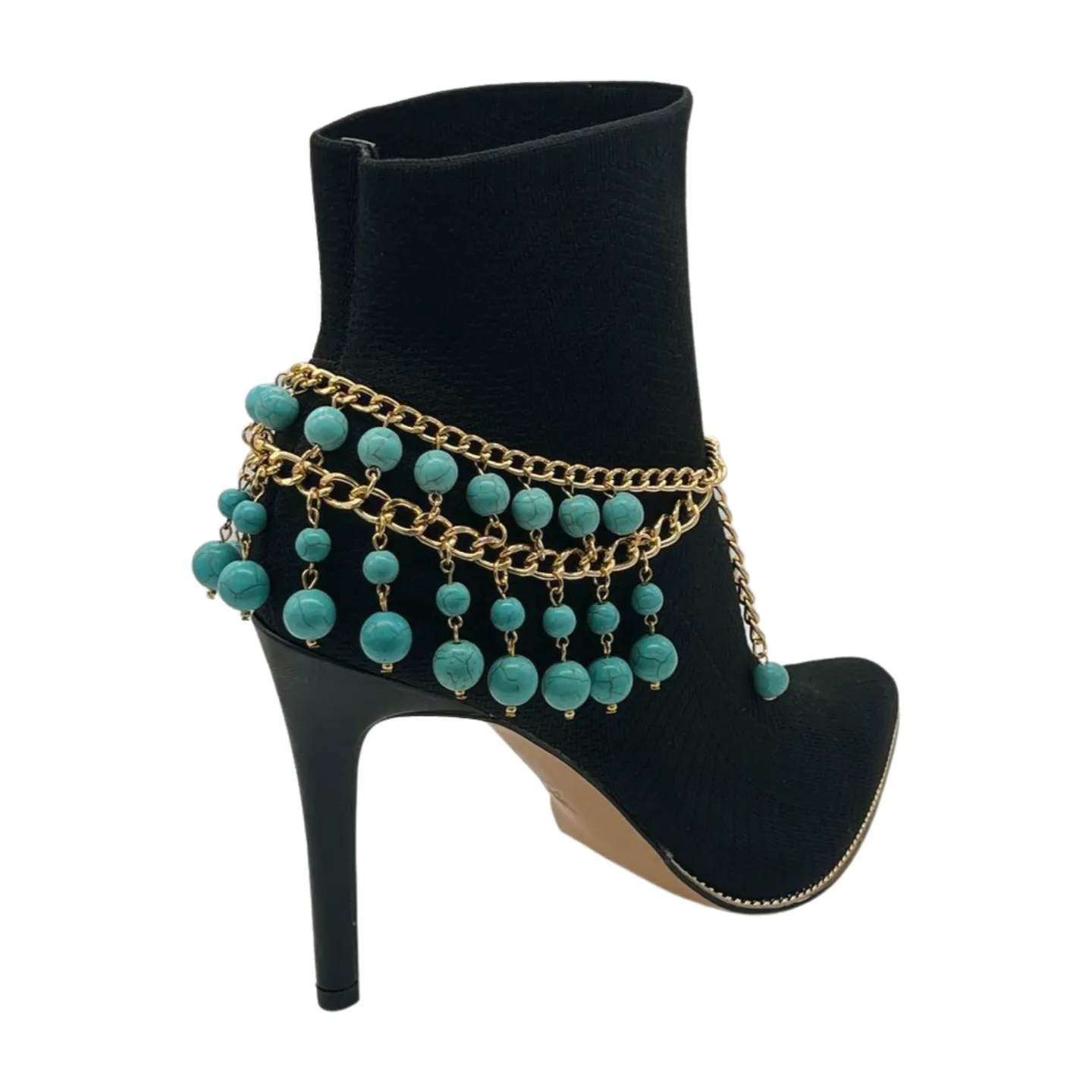 Gold Metal Chain Boot Bracelet Western Shoe Turquoise Blue Charm Anklet