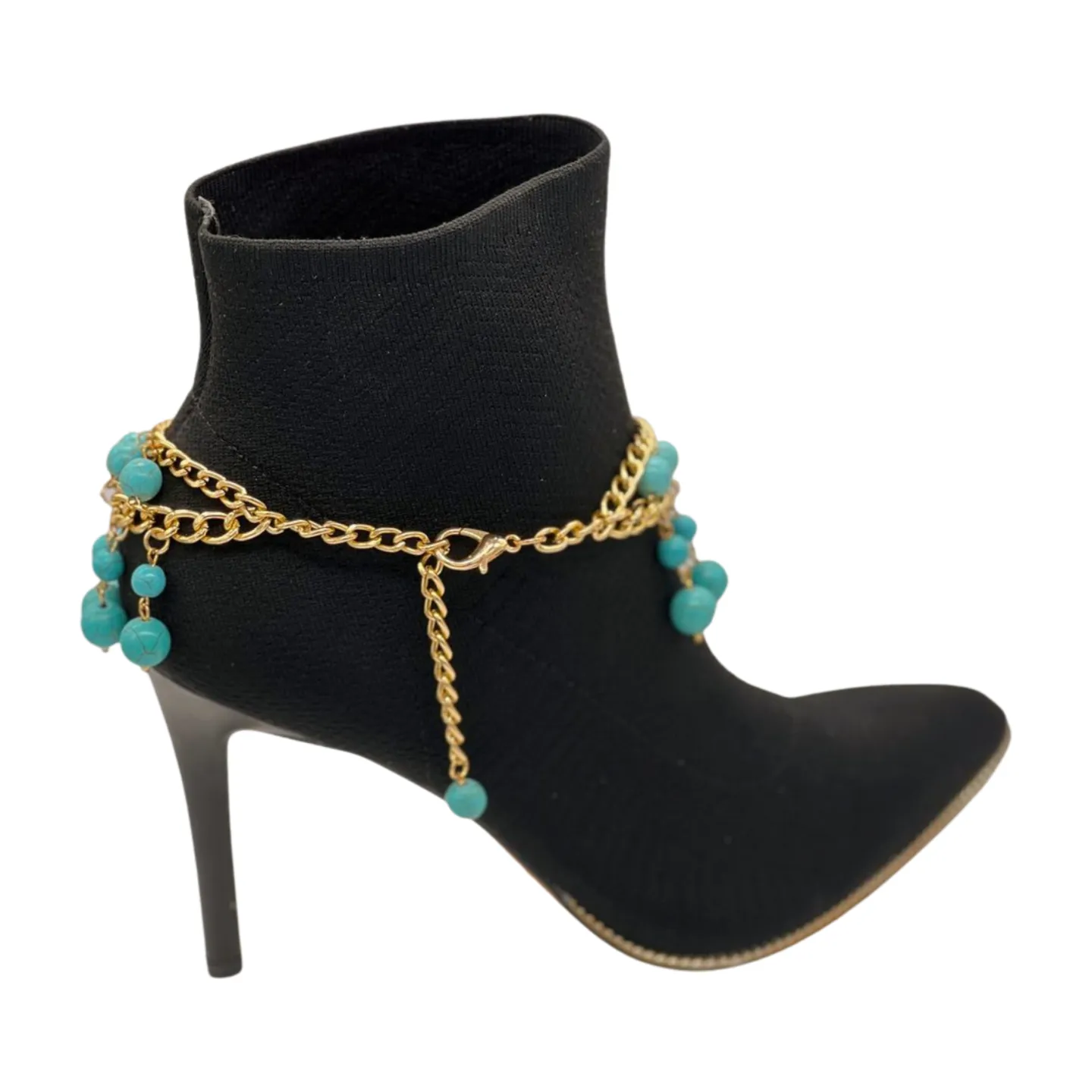 Gold Metal Chain Boot Bracelet Western Shoe Turquoise Blue Charm Anklet