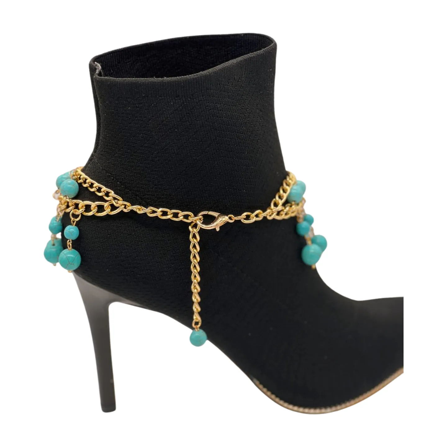 Gold Metal Chain Boot Bracelet Western Shoe Turquoise Blue Charm Anklet