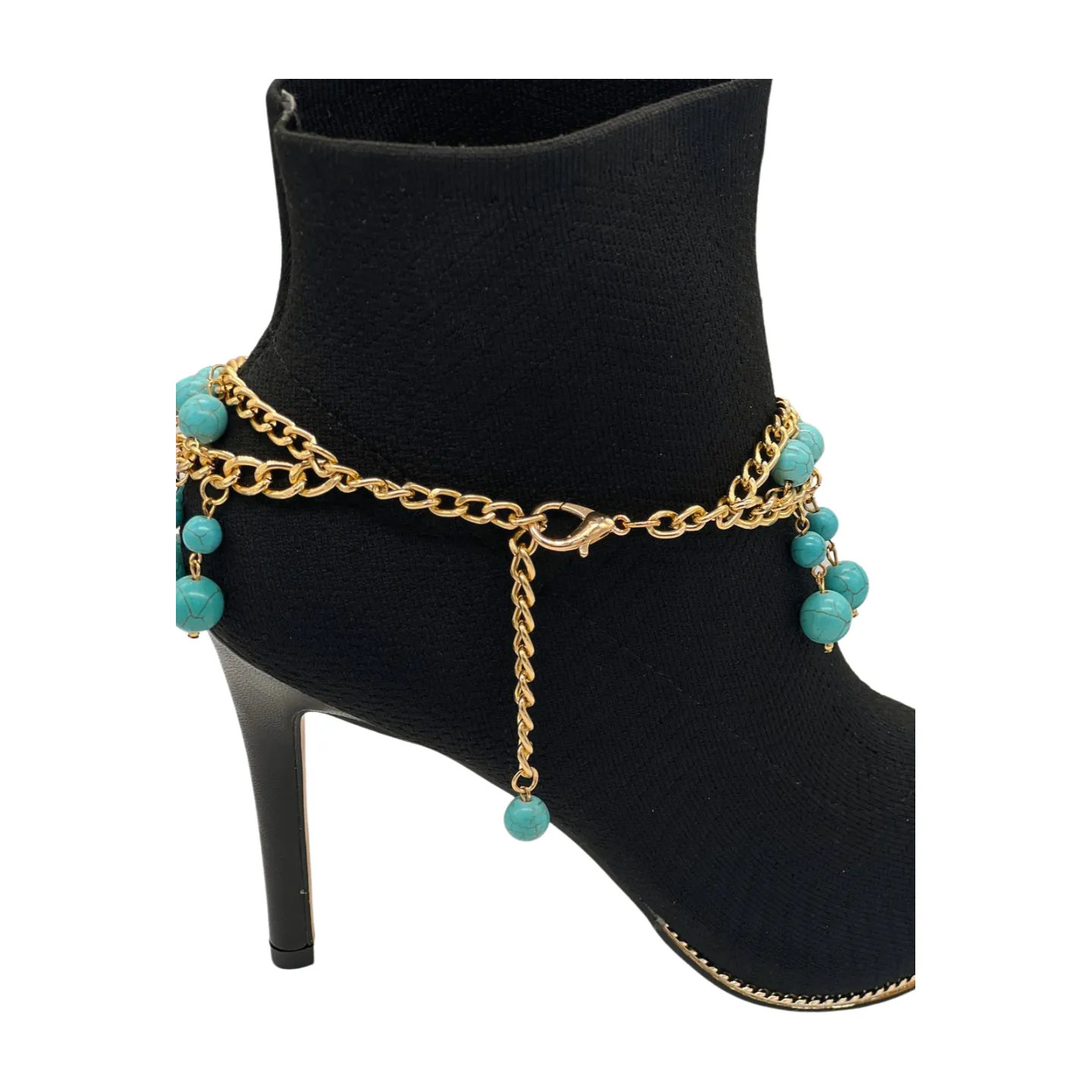 Gold Metal Chain Boot Bracelet Western Shoe Turquoise Blue Charm Anklet