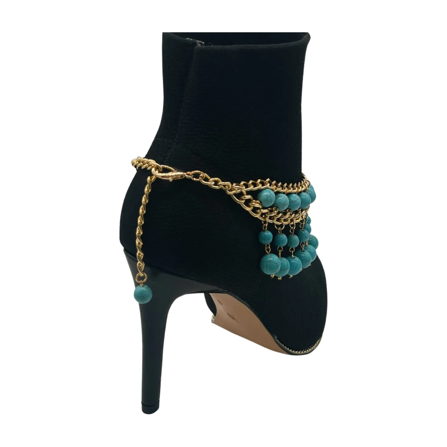 Gold Metal Chain Boot Bracelet Western Shoe Turquoise Blue Charm Anklet