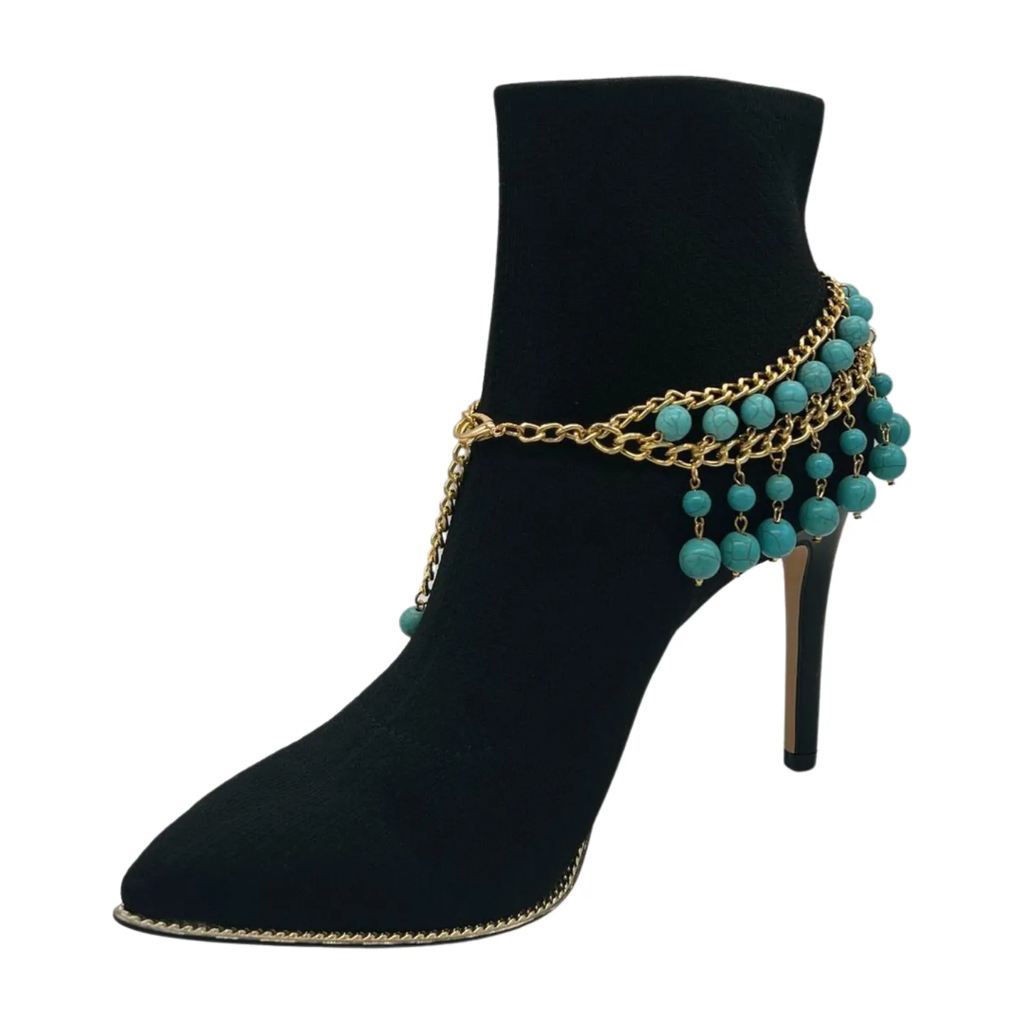 Gold Metal Chain Boot Bracelet Western Shoe Turquoise Blue Charm Anklet