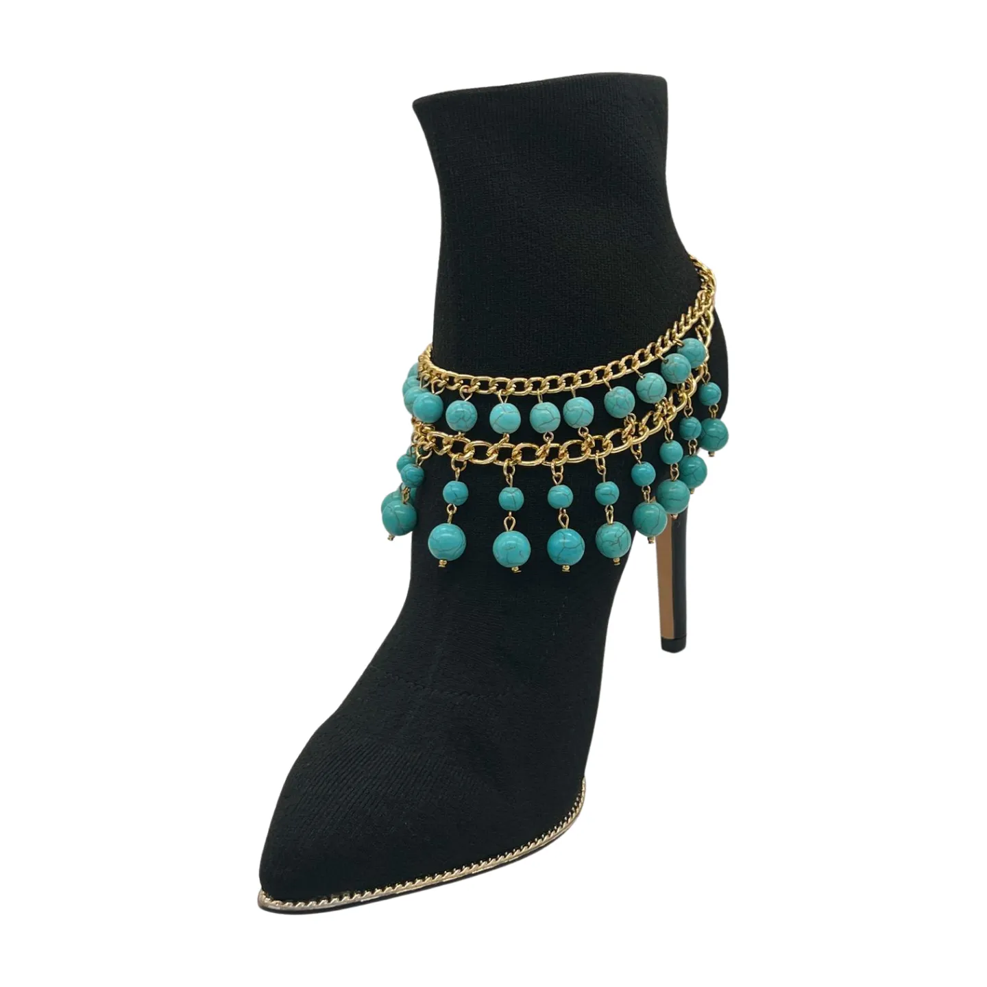 Gold Metal Chain Boot Bracelet Western Shoe Turquoise Blue Charm Anklet