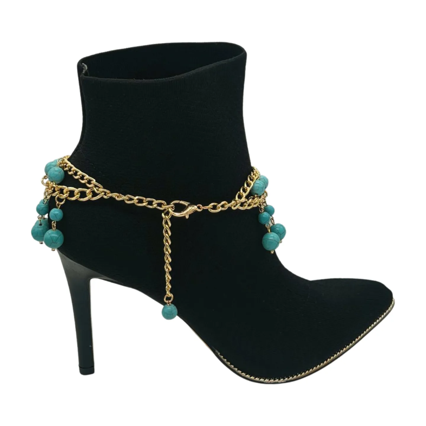 Gold Metal Chain Boot Bracelet Western Shoe Turquoise Blue Charm Anklet