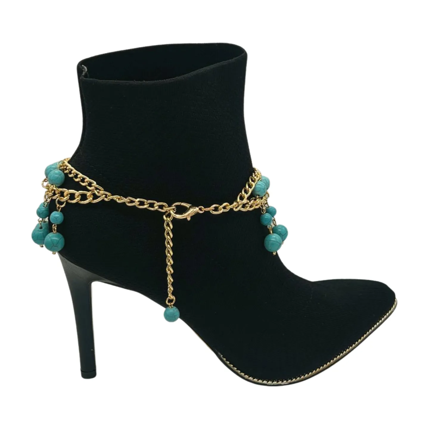 Gold Metal Chain Boot Bracelet Western Shoe Turquoise Blue Charm Anklet