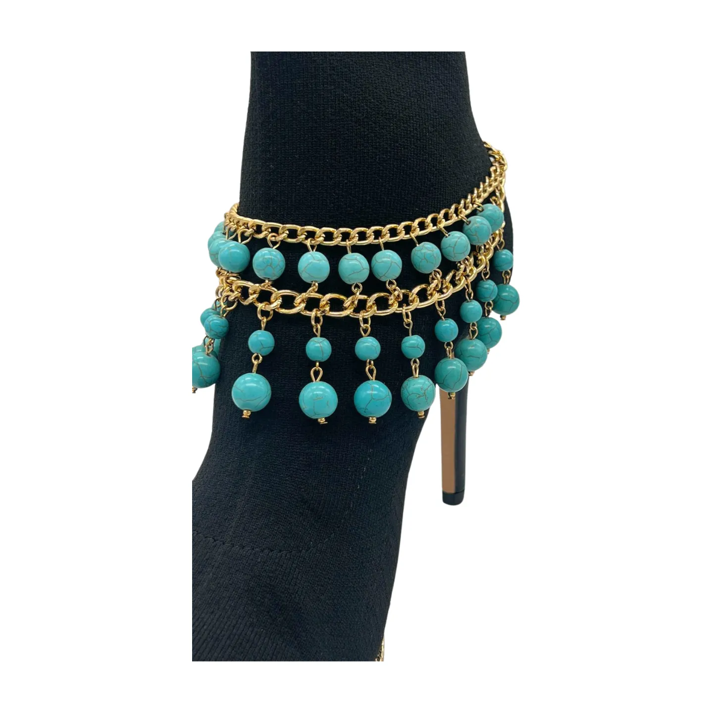 Gold Metal Chain Boot Bracelet Western Shoe Turquoise Blue Charm Anklet