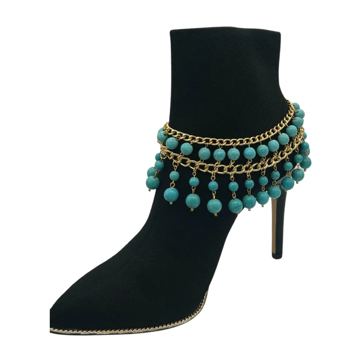 Gold Metal Chain Boot Bracelet Western Shoe Turquoise Blue Charm Anklet