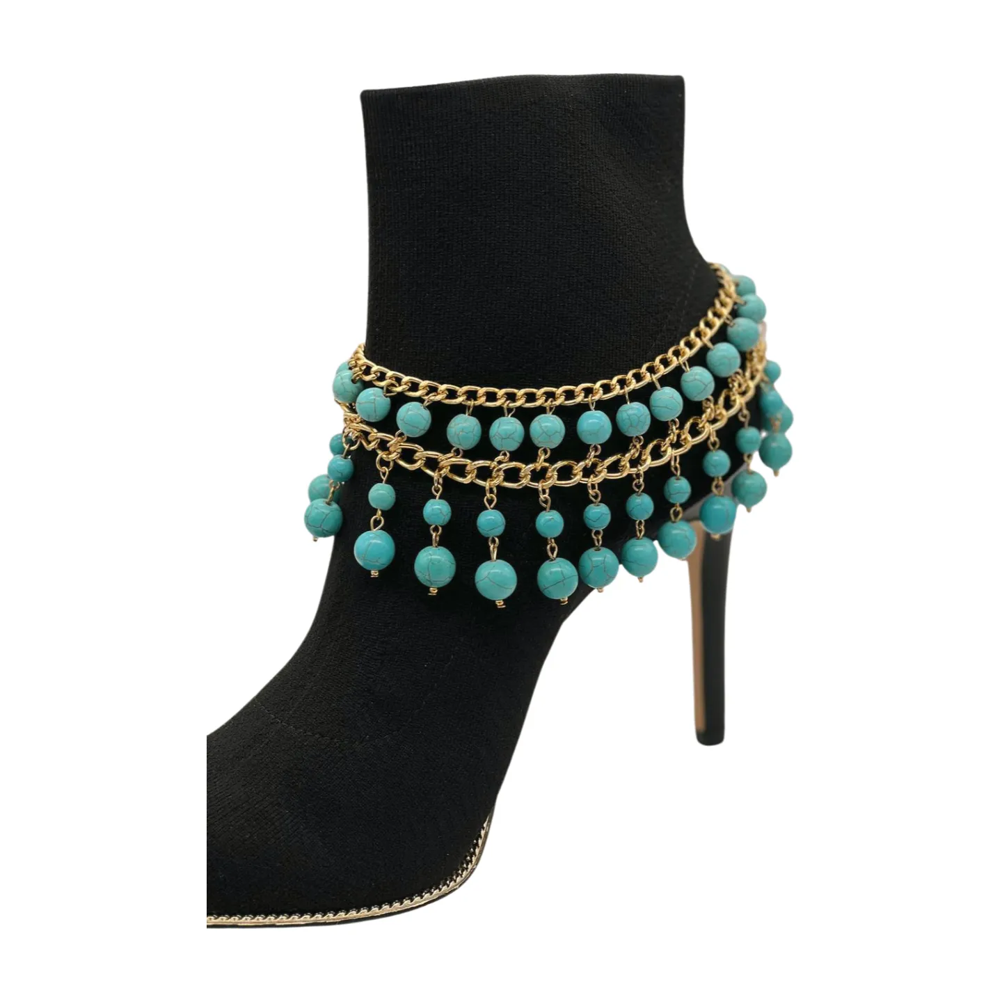 Gold Metal Chain Boot Bracelet Western Shoe Turquoise Blue Charm Anklet