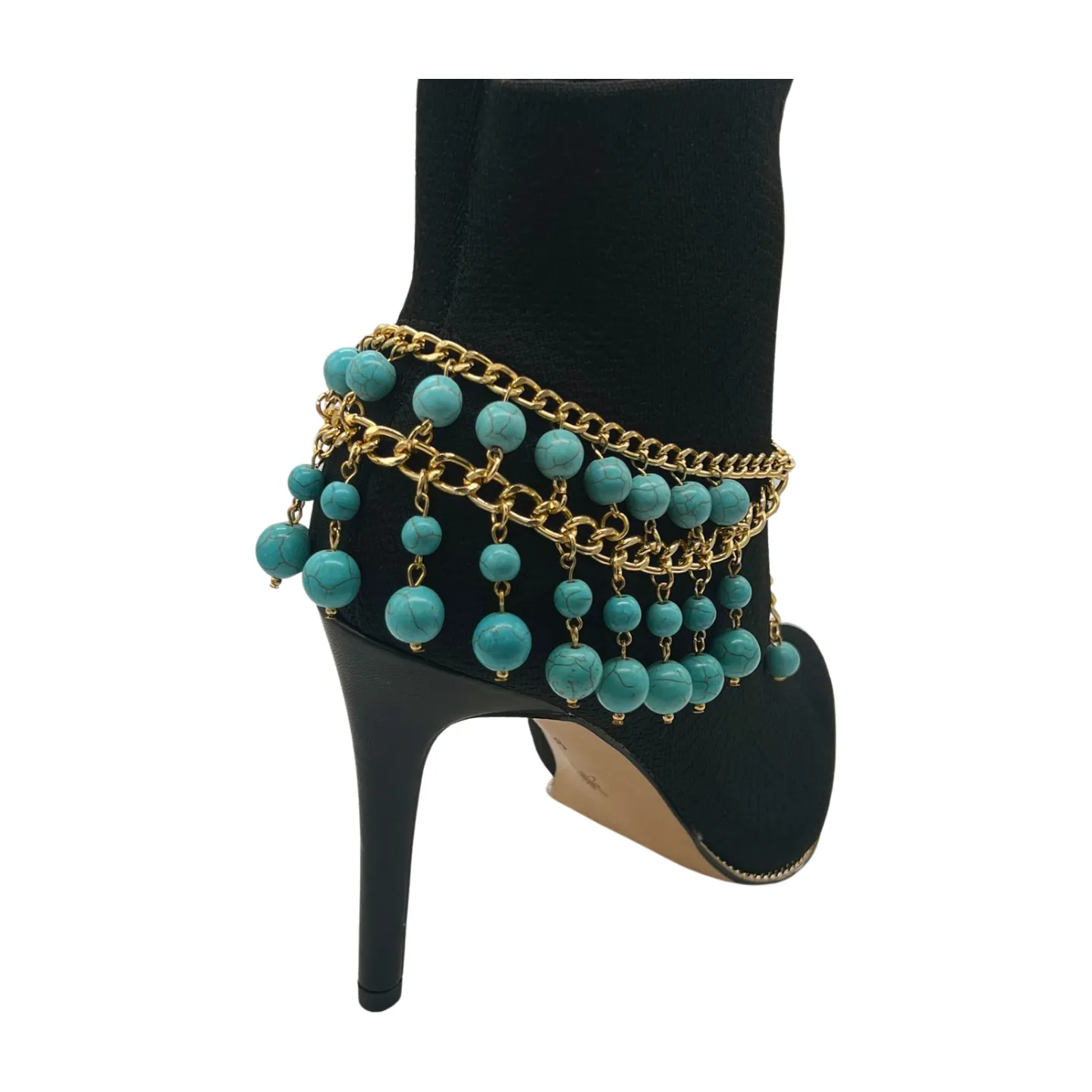 Gold Metal Chain Boot Bracelet Western Shoe Turquoise Blue Charm Anklet